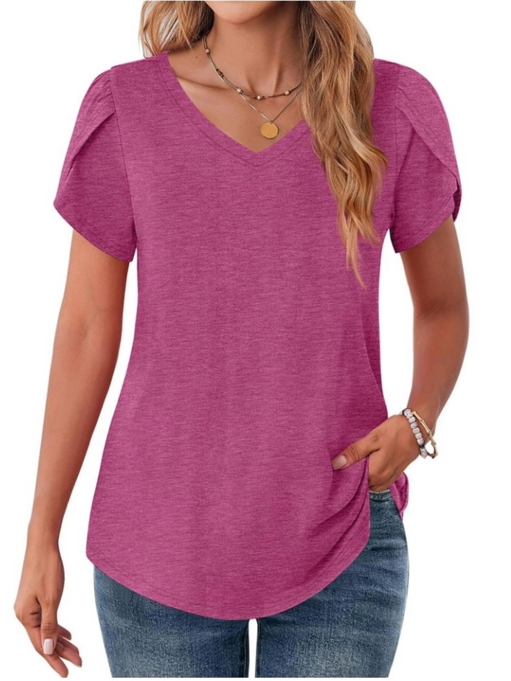 Moshu V-neck Tunic Tee with Petal Sleeves